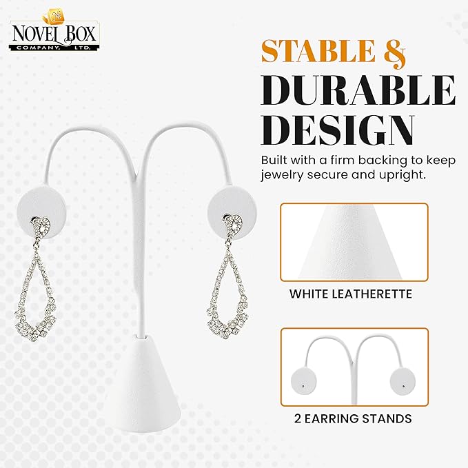 Novel Box 2 Pack White Leatherette Earrings Display Stands 3 3/4 x 4 3/4 Inches - Jewelry Stand Earring Organizer for Women - Elegant Earrings Stands for Craft Shows, Selling & Personal Use
