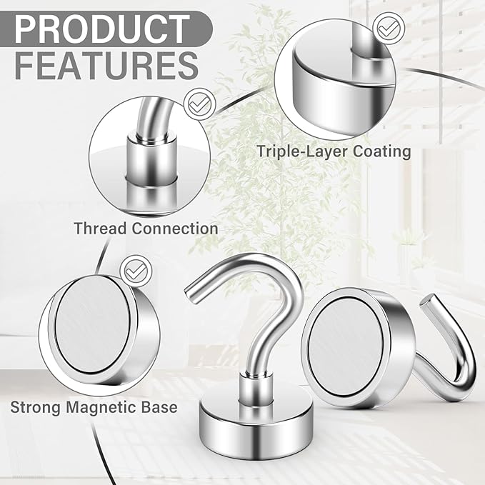 20Pack Heavy Duty Magnetic Hooks, 25 lbs Strong Neodymium Magnet Hooks for Hanging, Magnet with Hook for Cruise, Grill, Fridge, Home,Locker Accessories(Silver)