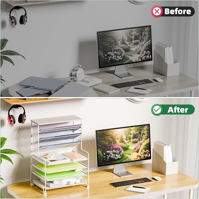 Simple Trending 7 Tier Desk File Organizer, 2 Pack Letter Tray Paper Organizer, Mesh Desk Accessories File Folder for Office, Home or School, White