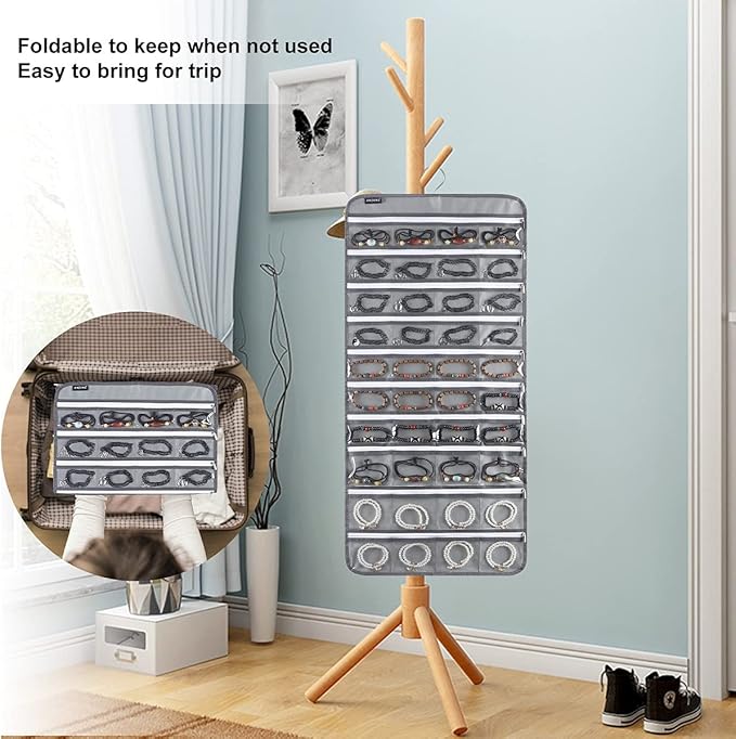 Dual-sided Hanging Jewelry Organizer with 40 Zippered Pockets and 20 Hook Loops Necklace Holder Jewelries Organizer for Earrings Bracelets Rings with 360 Degree Rotating Hanger (40 Zippered Pockets and 20 Hook Loops-Grey)