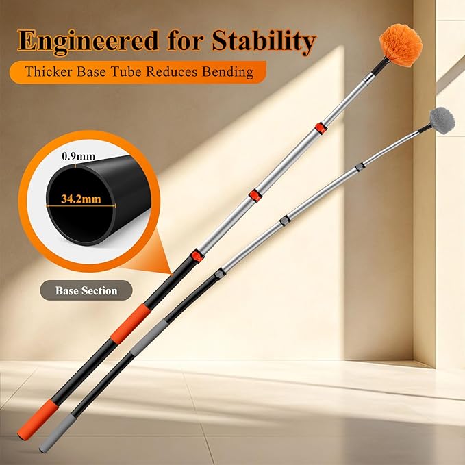 20ft High Reach Cobweb Duster with 12ft Heavy-Duty Extension Pole, Washable & Reusable Spider Web Brush for Indoor & Outdoor Cleaning, Soft Bristle Spider Web Cleaner for High Ceilings & Eaves