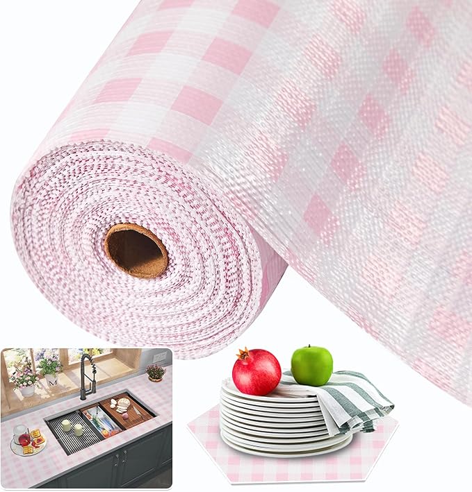 Beautysaid Shelf and Drawer Liner for Kitchen Cabinet, Non Adhesive Non Slip Shelf Paper Waterproof Washable Thickened for Dresser Pantry Shelve Bathroom Protector Liner(Pink Checkered,12 in x 20FT)