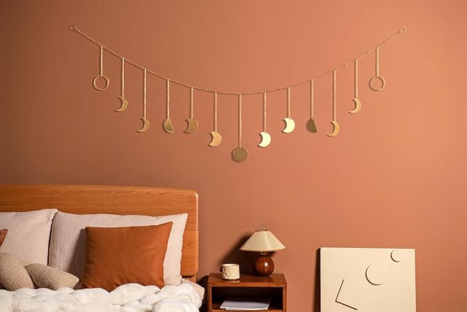 Mkono Moon Phase Wall Hanging Boho Aesthetic Room Decor and Headband Holder Headband Organizer Metal Headband Storage Headband Stand Rack for Claw Clip and Scrunchie Hair Accessories Organizer