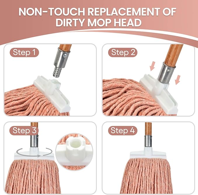 Matthew Cleaning Screw-on Heavy Duty Cotton Wet Mop Replacement Heads(Orange, Large,6 Pack) with 2 Pack Microfiber Cloth for Residential & Commercial Floor Cleaning Use- Fit Standard American Screw