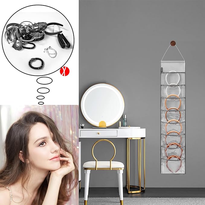 Wall Hanging Headband Organizer Ribbon Hair Hoops Storage Hairbands Hair Accessory Holder with Clear Pockets (GREY-8 POCKETS)