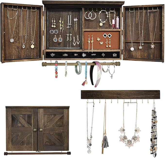 Rustic Wall Mounted Jewelry Organizer,Vintage Wooden Hanging Jewelry Holder Box with Barndoor Decor for Necklaces, Earings, Bracelets, Rings, Accessories. Includes Hook Organizer
