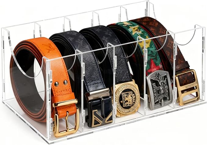 ECOSEAO DIY Belt Organizer, Clear Stackable Belt holder For Closet Drawer Storage - 5 Compartments, Multi-Purpose Display Bins With Inserts For Belts,Ties,Socks