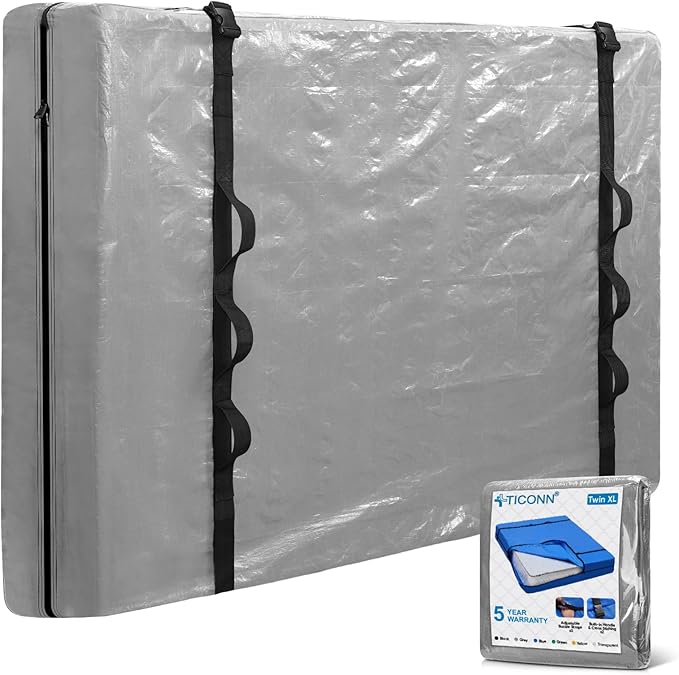 TICONN Mattress Bags for Moving, Heavy Duty Twin XL Mattress Cover Storage Bag with Full-Around Handle and Adjustable Buckles (Gray, Twin XL)