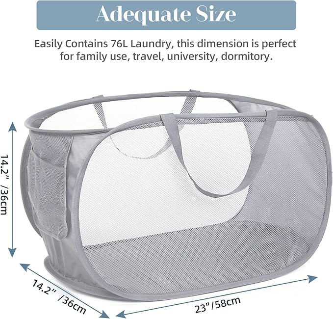 4 Pcs Durable Collapsible Laundry Baskets, Foldable Laundry Basket Large Opening, Pop Up Laundry Hamper with Pocket, Clothes Hamper with Handles for Laundry, Bathroom, Kids Room, Dorm or Trave