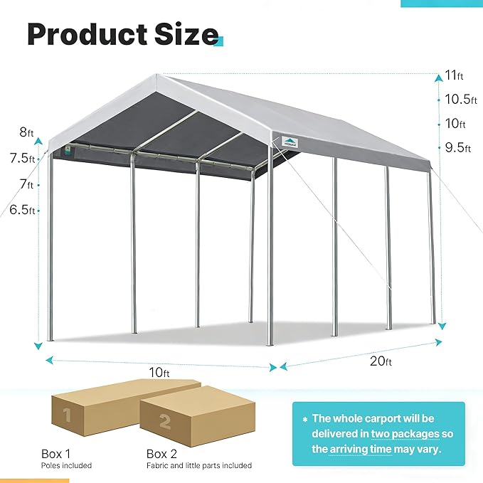 ADVANCE OUTDOOR 10x20 ft Heavy Duty Carport Potable Car Canopy Garage Party Tent Boat Shelter, Adjustable Height from 9.5 ft to 11 ft - Gray