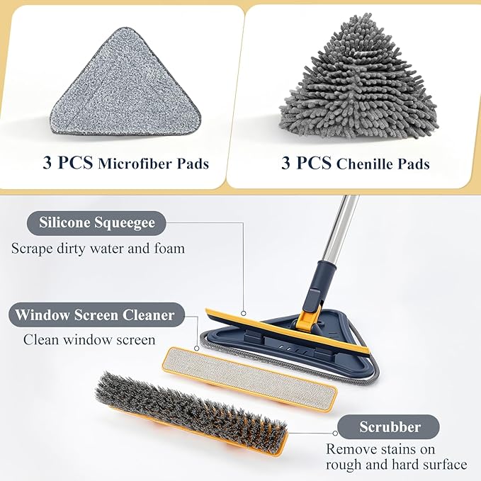 5 in 1 Wall Cleaner Mop, 78 Inch Base Board Cleaner Tool with Long Handle, 360° Wall Washing Tool for Ceiling, Floor and Window Cleaning with 3 Microfiber & 3 Chenille Pads