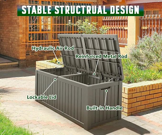NUNU LAB 120 Gallon Outdoor Storage Box,Resin Large Sturdy Deck Box, Backyard Outside Storage Box Waterproof with Double Wall Panels,Package Delivery Garden Outdoor Hose