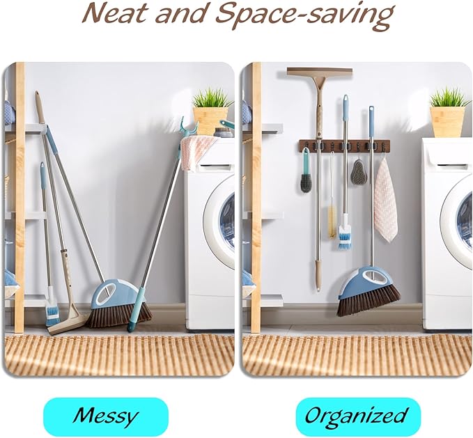 Mop Broom Holder Wall Mount with 3 Slots & 4 Hooks - Wood Broom Mop Hanger for Pantry Kitchen Organization - Garden Tool Organizer for Closet Laundry Room - for Rustic Farmhouse Kitchen Decor