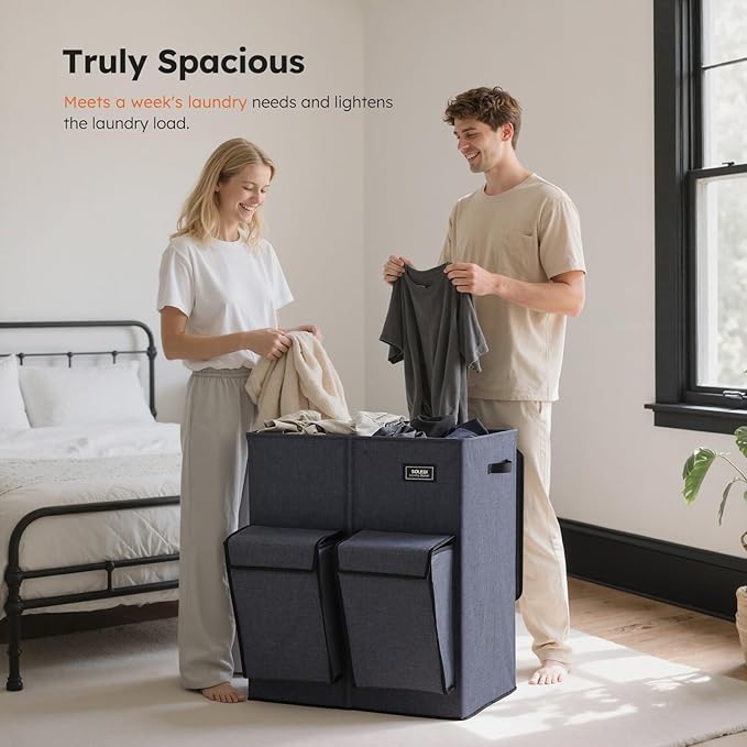 SOLEDI Double Laundry Hamper with Lid, 47.8 Gal (180L) Large Laundr Basket 2 Section with 2 Side Pockets, Dirty Clothes Hamper with Removable Bag, Easy to Carry for Laundry Room, Bedroom, Navy Blue
