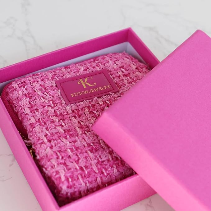 Travel Jewelry Organizer, Tweed Square Bag with 6 Compartments, Pink Zippered Case for Necklaces and Bracelets, Protective Storage Pouch (Hot Pink)