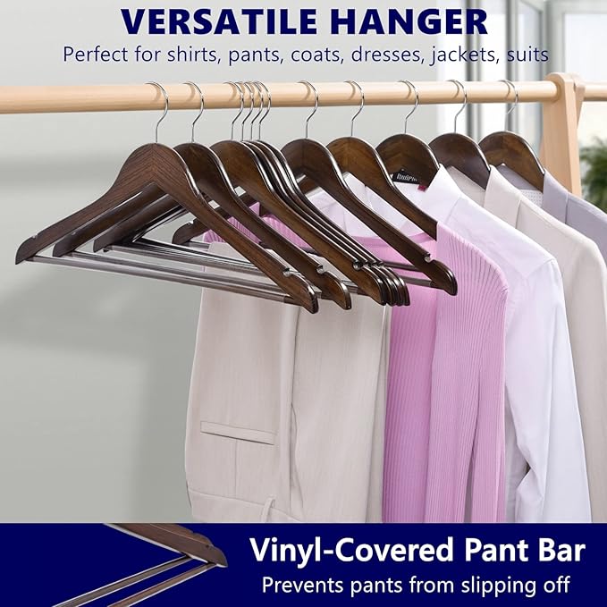 Amber Home 30-Pack Vintage Wooden Coat Hangers, Walnut Wood Suit Hangers with Non-Slip Pant Bar for Shirts, Jackets, Dresses, Pants - Retro