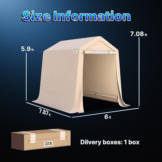 ADVANCE OUTDOOR 6x8 ft Outdoor Portable Storage Shelter Shed with 2 Roll up Zipper Doors & Vents Carport for Motorcycle Waterproof and UV Resistant Portable Garage Kit Tent, Beige