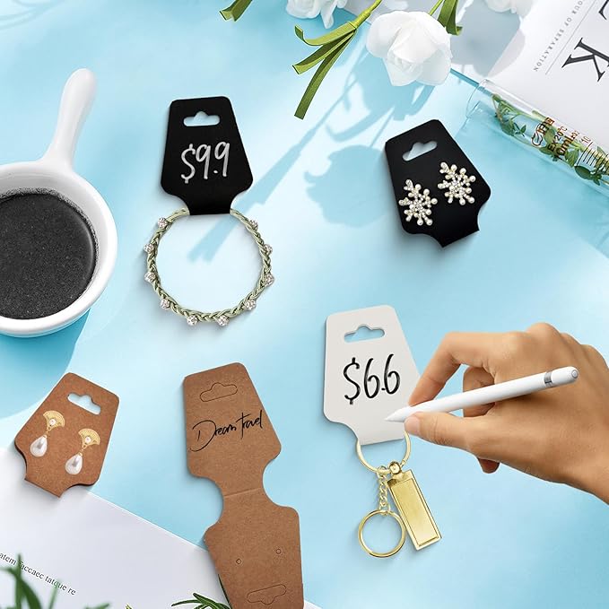 200pcs Jewelry Display Cards with Adhesive,1.7*4.7inch Necklace Display Kraft Cards with 200pcs Packaging Bags Jewelry Holder Cards Hanging for Earring Hair Band Keychain Scrunchies (400PCSBlack)