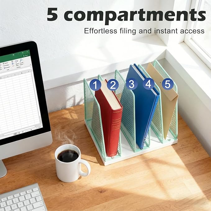 AUPSEN 5-Section Wooden Desktop File Organizer, File Sorter Storage Rack, Vertical File Holder for Office Supplies, Green