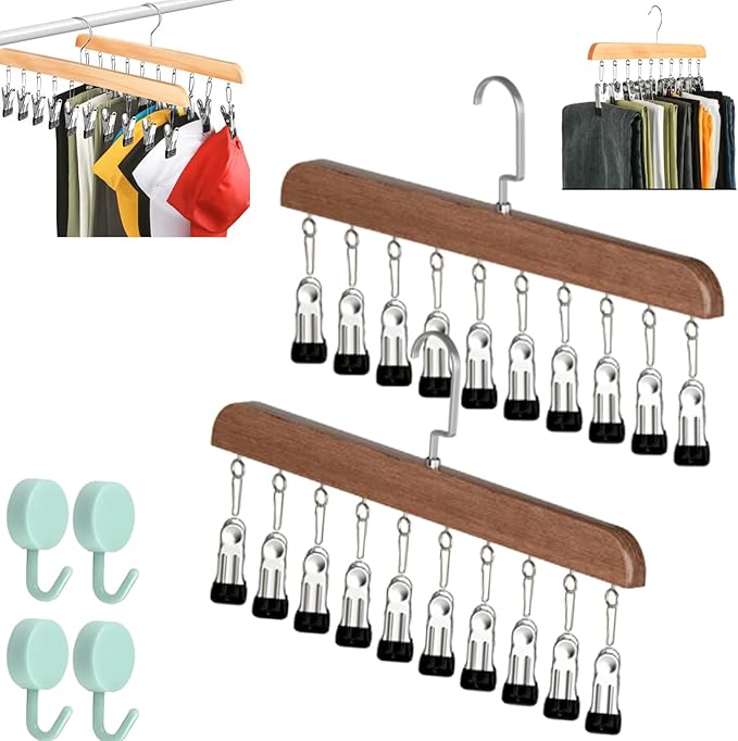 Closet Organizer with 10 Clips - Space Saving Hanging Closet Organizer, Legging Organizer for Closet Hanging, 360° Rotating Metal Clips with Silicone Lining for Hat Sock Clothes (2 Sets-A)