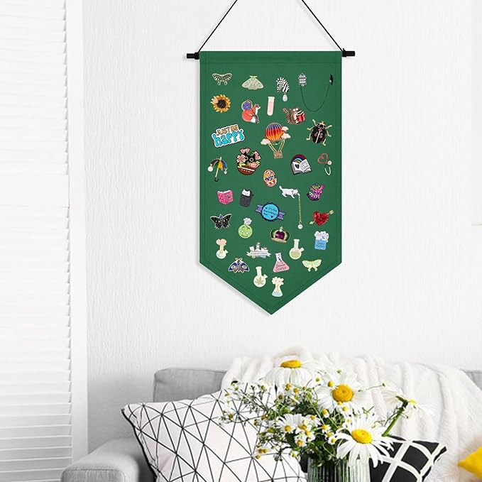 Winmany Wall Hanging Brooch Jewelry Storage Case Canvas Display Stand Enamel Pin Display Banner Holder Earrings Necklace Glitter Pin Collection Organizer (Green)