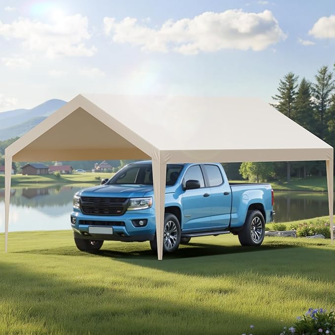 VEVOR Carport Replacement Canopy Cover, 12 x 20 ft Potable Garage Tent Top Tarp, UV-Resistant & Waterproof Car Shelter Tarp, Heavy Duty Car Port Cover with Ball Buggees, Beige, Frame Not Included
