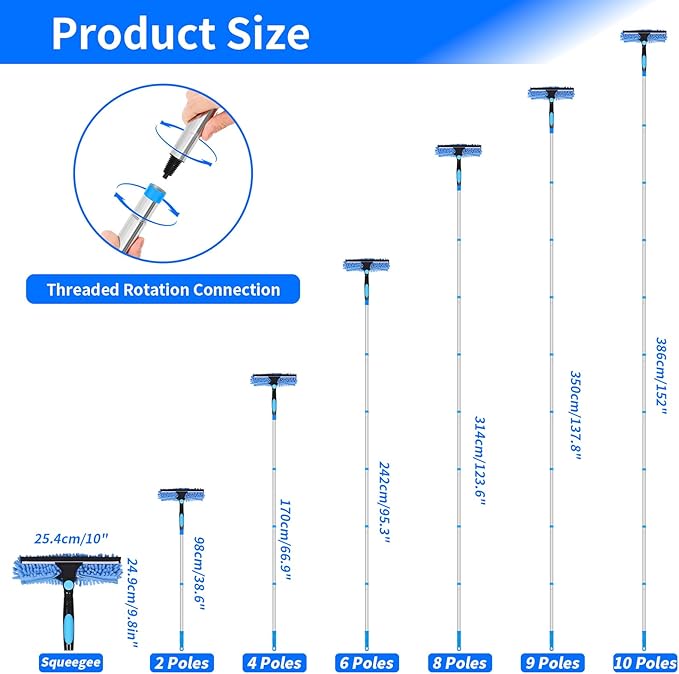 12.2FT/3.7M Window Cleaning Tools, Professional 2 in 1 Window Cleaner Tool Kit, 2 in 1 Extendable Squeegee Window Cleaner for high Windows, Car, Glass