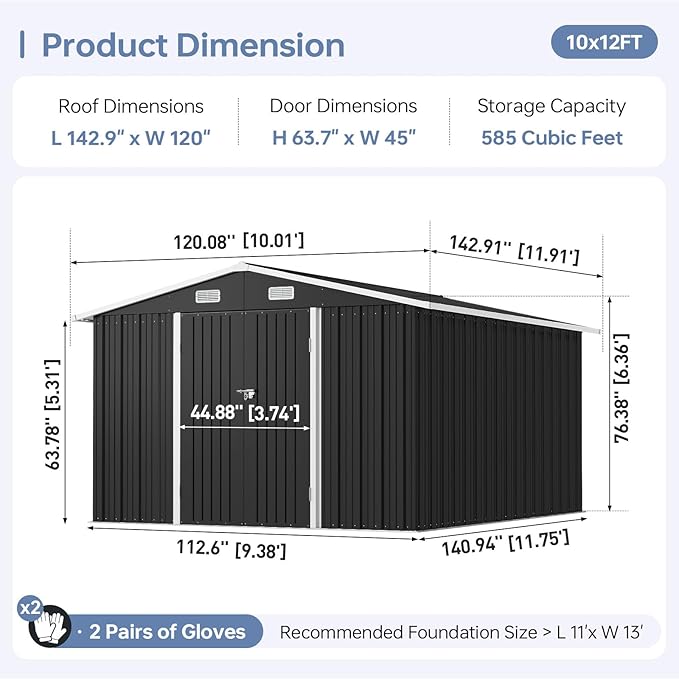 10x12 FT Outdoor Storage Shed, Utility Steel Tool Shed with Lockable Door and Air Vents, Galvanized Metal Shed for Garden Backyard Patio Lawn (10'x12', Black)