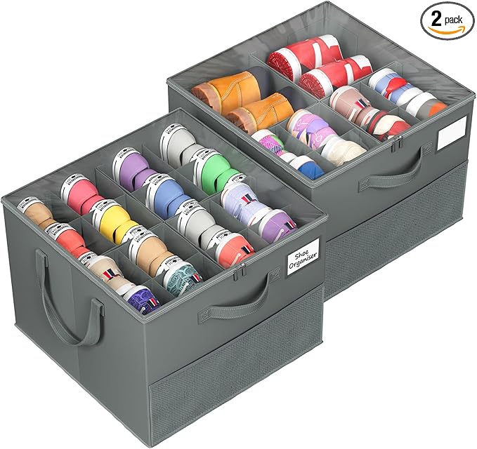 2 Pack Shoe Organizer for Closet, Large Shoe Box Storage Containers, Foldable Shoe Storage Organizer Box Bin with Adjustable Dividers and Clear Cover, Space Saving Shoes Holder, Gray