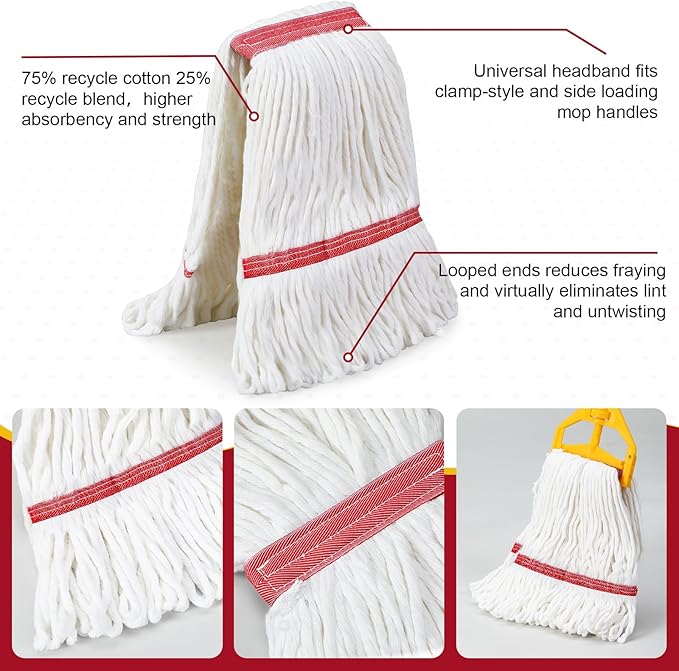 Eccliy 6 Pack Heavy Loop End Cotton String Mop Head Heavy Duty Mop Head Commercial Refills Replacement Bulk for Home Industrial Commercial Floor Cleaning (White,Red)