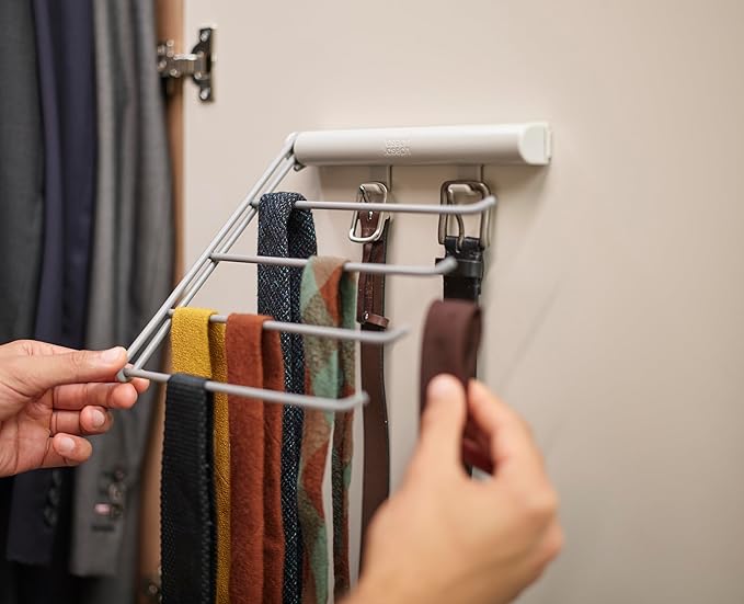 Joseph Joseph Orderly Belt, Tie & Scarf Hanging Rail, Closet Wardrobe Accessory Organizer, 4 Rails Rack Storage, 2 Belt Hooks