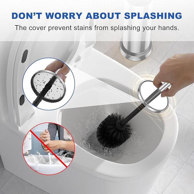 304 Stainless Steel Toilet Brush and Holder Set, Heavy Duty Toilet Bowl Brush and Holder with Removable Inner Bowl, Splash Protection, Long Handle for Bathroom