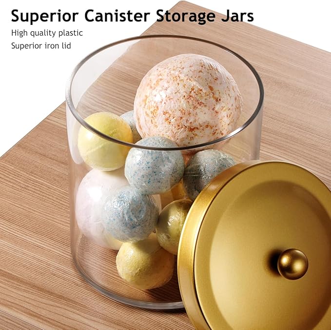 2 Pack 50 Ounce Large Clear Apothecary Jar with Gold Rust-Proof Lid - Shatterproof Plastic Storage Canister - Modern Luxury Bathroom Vanity & Laundry Room Organizer for Pods, Bath Salts