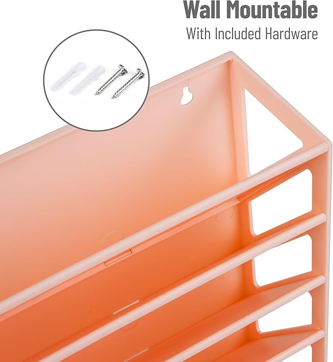 Mind Reader 5-Tier Vertical File Storage, Desktop Organizer, Wall Mount, Office, Plastic, 13"L x 4.25"W x 16"H, Pink