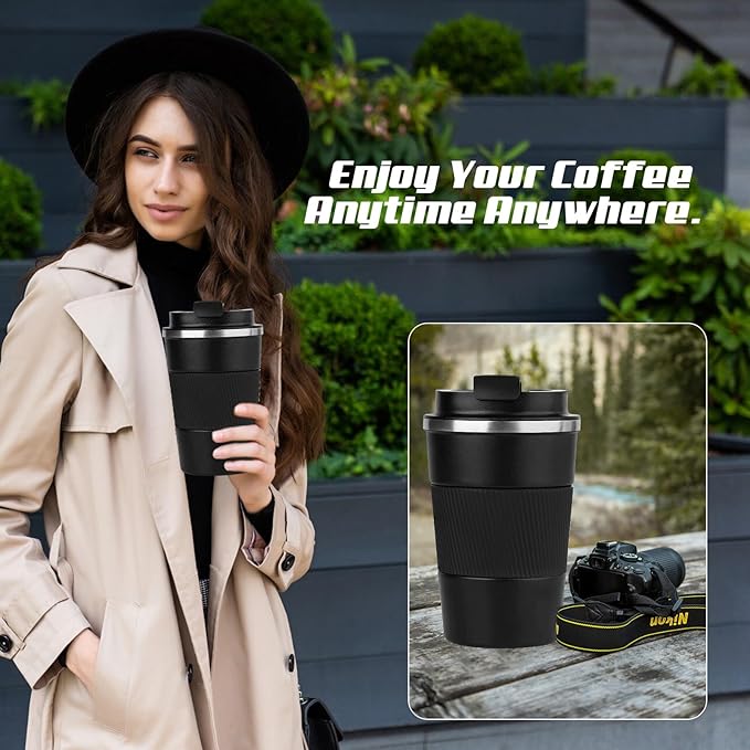 Vacuum-Insulated Stainless Steel Travel Coffee Mug, Leak-Proof Reusable Coffee Cup with Lid - Keep Hot & Cold Drinks for Hours, Durable Insulated Tumbler for Men & Women(3rd-Black, 12OZ)
