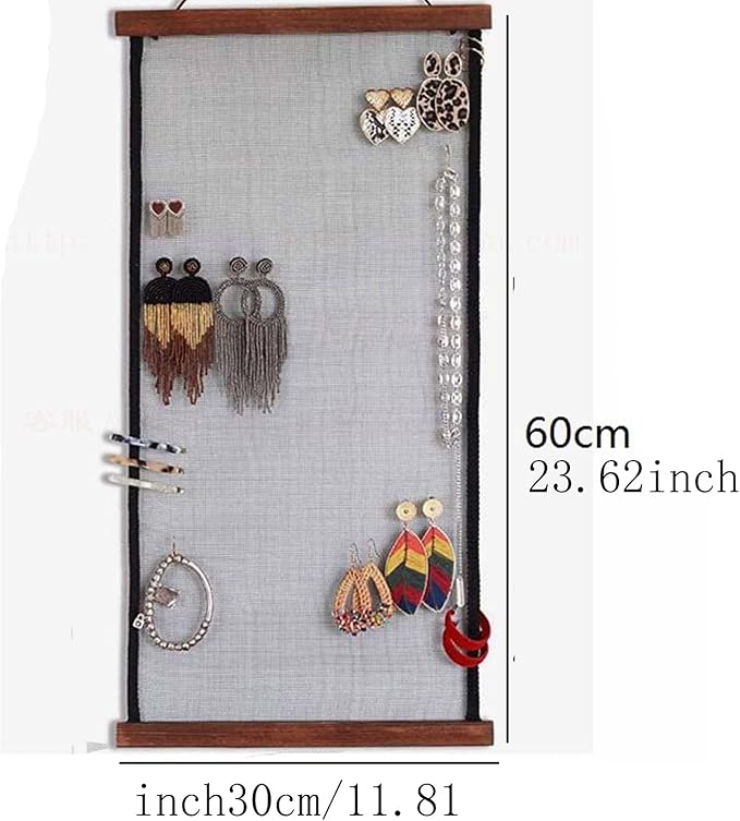 Earring Organizer Wall Mount - Hanging Jewelry Display Holder for Studs, Dangle Earrings & Necklaces, Large Capacity Mesh Cloth Rack - Storage，Display Organizer for Women and Girls (black)