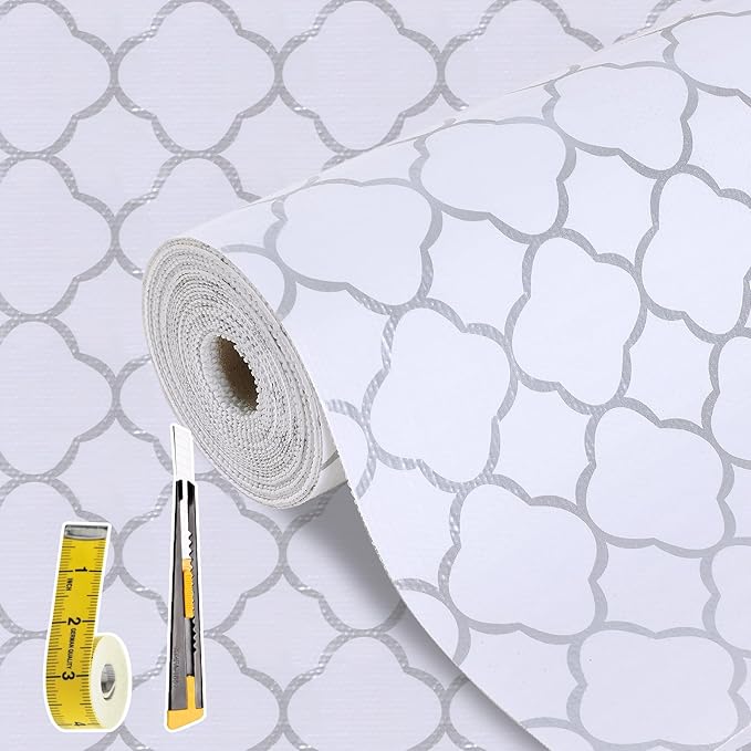 Shelf Drawer Liners for Kitchen Cabinets Non Adhesive Drawer Liner Thickened Refrigerator Liner Silver Quatrefoil Strong Non-Slip Paper for Tool Box with Knife and Tape Measure,11.8 x 236.2 Inches