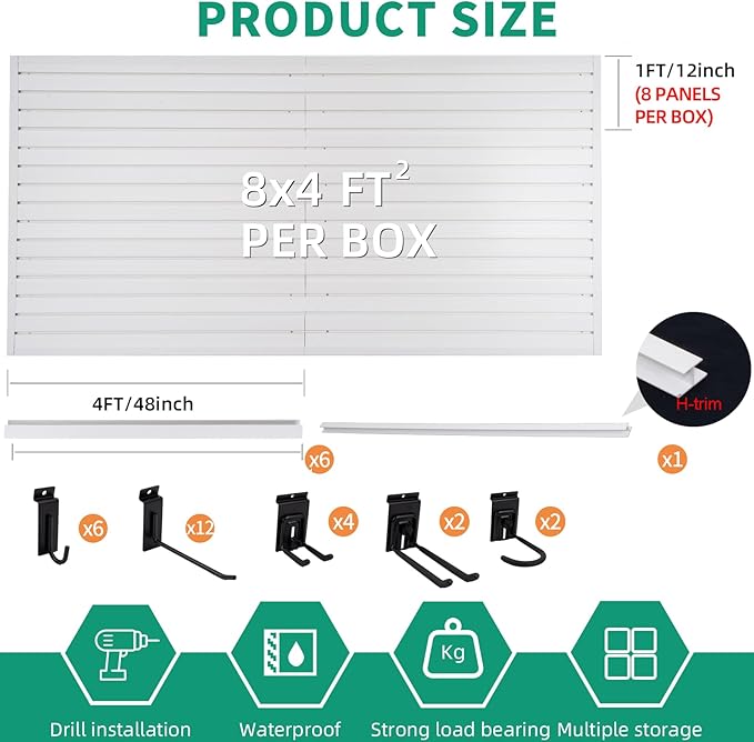 Slatwall Panel Garage Slat Wall Storage Systems with 26 Slatwall Accessories, 4'x8' PVC Black Slat Wall Paneling for Retail Display, Garage Storage, Guitar Shop, Home Storage
