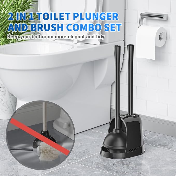Toilet Plunger and Brush, Bowl Brush and Heavy Duty Toilet Plunger Set with Ventilated Holder, 2-in-1 Toilet Brush and Plunger Combo for 5.3-inch Toilet Drain Bathroom Cleaning (Black)