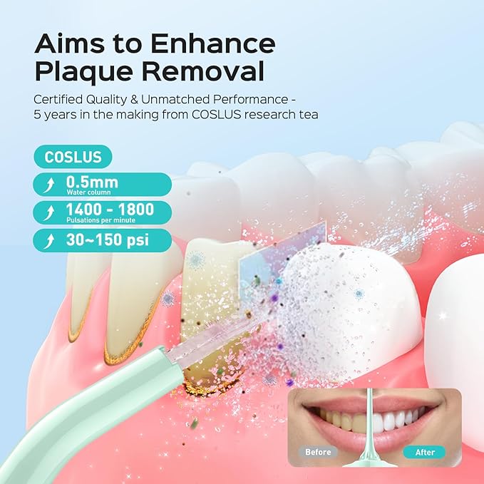 COSLUS Water Dental Flosser Pick for Teeth C30(FC5360): 4 Modes Cordless Portable 300ML Larger Tank Water Teeth Cleaner IPX7 Waterproof Flossing Cleaning Picks for Home Travel Green