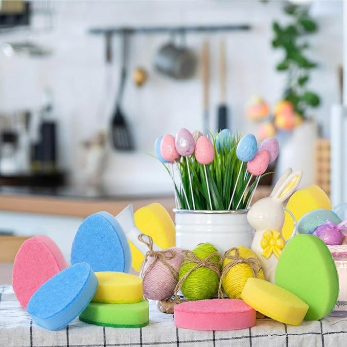 Tioncy 12 Pack Kitchen Sponges Bulk Dual Sided Scrubber Sponges Dishwashing Kitchen Cleaning Accessories for Household Supplies (Easter Eggs,Pink, Green, Blue, Yellow)