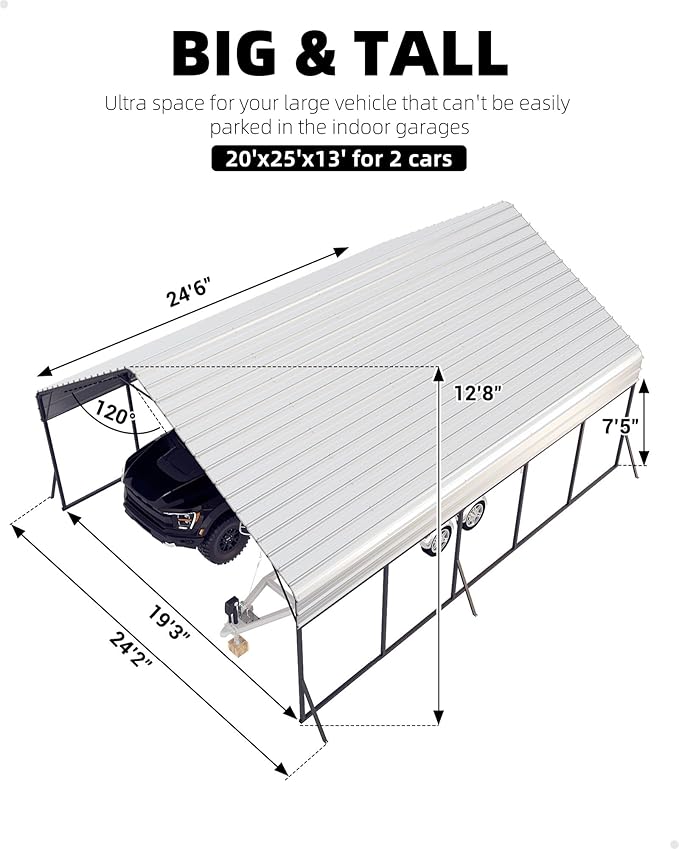 Garveelife 20'x25'x13' Metal Carport for 2 Cars, Heavy Duty Car Ports for Heavy Snow, Reinforced Frame, Tall Metal Car Ports for Bass Boats, Full-Sized Pickup Trucks, and Tractors, N.W. 980 Lbs