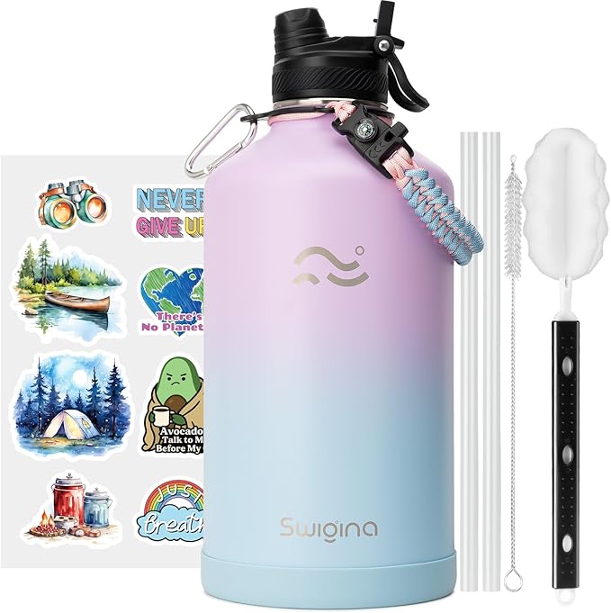 [2-IN-1 LID] Gallon Insulated Water Bottle with Silicone Boot (48hrs Cold/24hrs Hot) - DIY Stickers, Leakproof, BPA Free, 128 oz