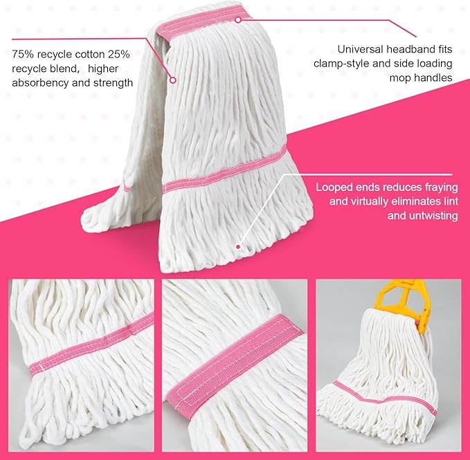 Eccliy 6 Pack Heavy Loop End Cotton String Mop Head Heavy Duty Mop Head Commercial Refills Replacement Bulk for Home Industrial Commercial Floor Cleaning (White,Pink)