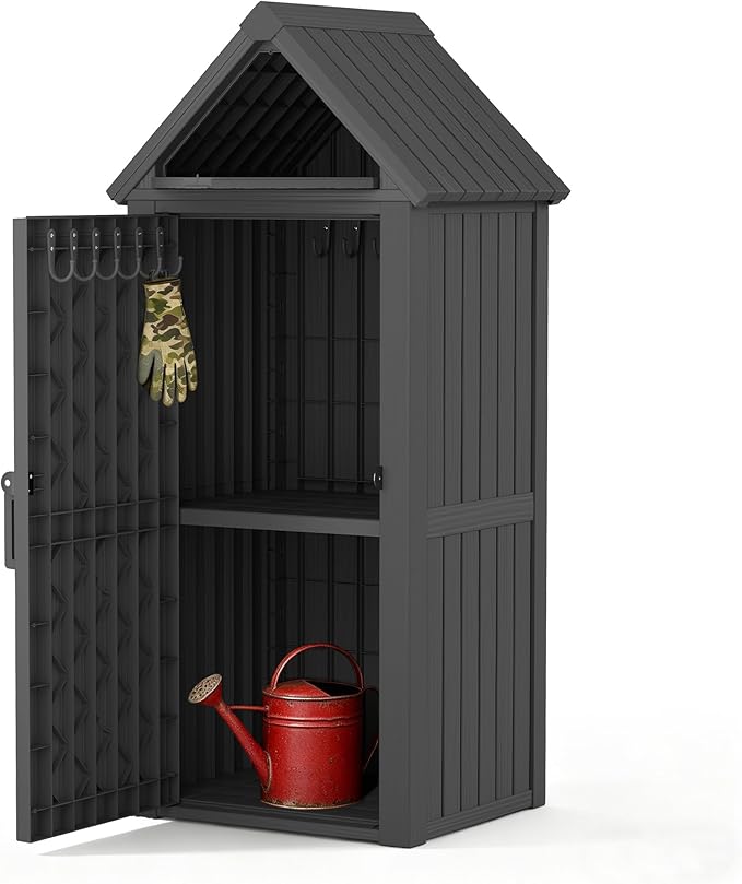 Outdoor Storage Shed with Removable Shelves, Waterproof Resin Outdoor Storage Cabinet for Small Patio, Balcony, Backyard, Vertical Storage Shed with 12 Hooks for Garden Tools, Grilling Supplies, Black