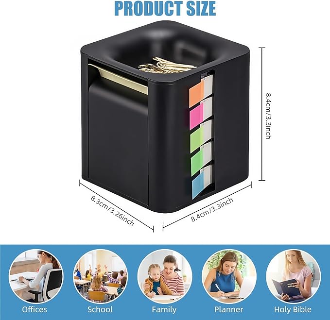 5-in-1 Sticky Note Dispenser and Holder with Pop Up Notes, Transparent Tabs, Magnetic Paper Clip Holder, Roll Sticky Notes - Multifunctional Cube Desk Organizer for Office, School & Home (Black)