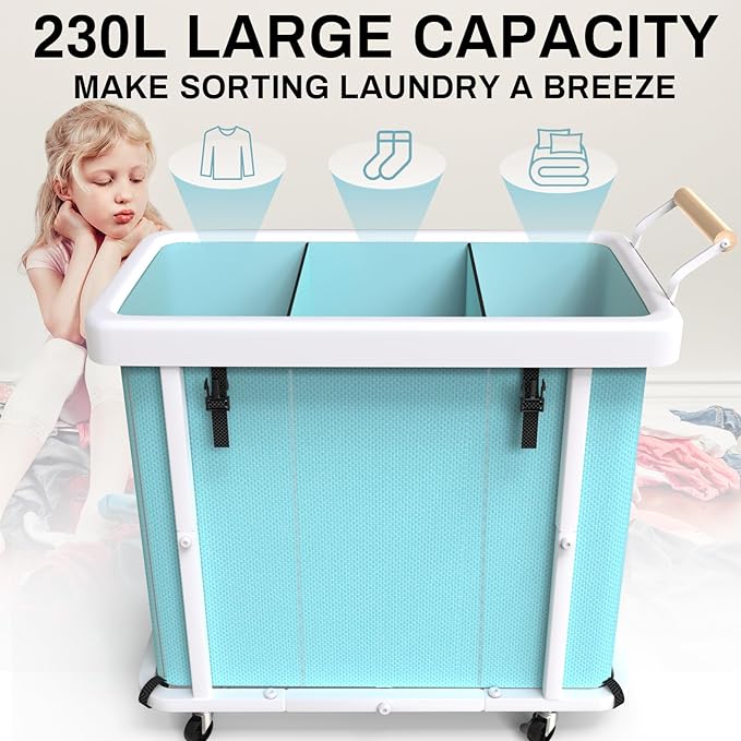 230L (60 Gal) Extra Large Fashion Laundry Sorter 3 Section with Lid, Rolling Laundry Basket Hamper with Handle, Laundry Organizer Storage Cart with Sturdy Metal Frame for Laundry Room,Hotel,Blue