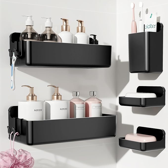 Nieifi Shower Shelves 5 Pack, Adhesive Shower Wall Shelf Organizer for Bathroom Organization, Black
