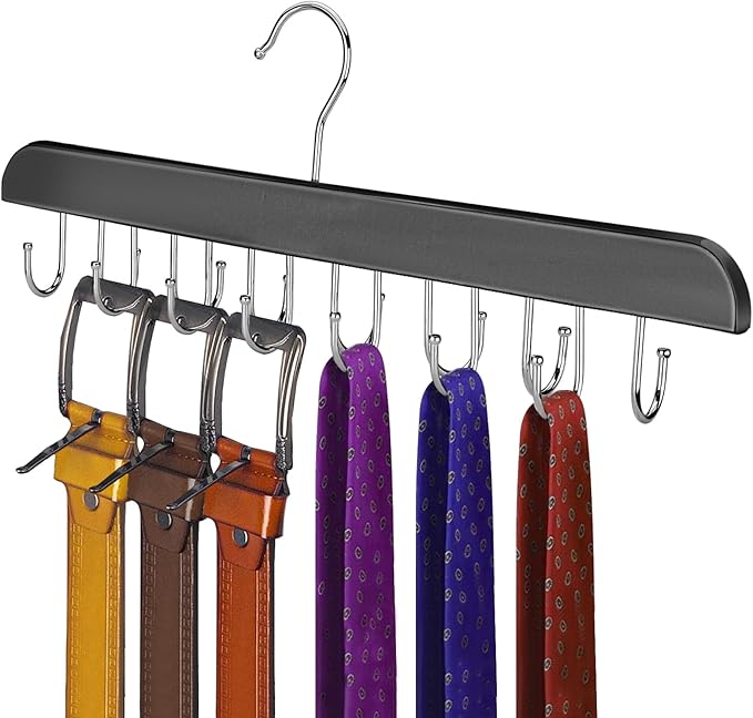 Solid Wood Belt Hanger, 14 Hooks Belt Organizer Space Saver for Closet, 360° Rotating Belt Holder Tie Rack for Men Women Dorm Bra Purse Scarf Tank Top Storage Accessories (Black)