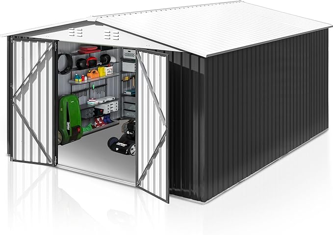 Polar Aurora 12x10 FT Outdoor Storage Shed, Metal Garden Shed with with Updated Frame Structure, Heavy Duty Weatherproof Tool Sheds for Backyard Garden Patio Lawn, White